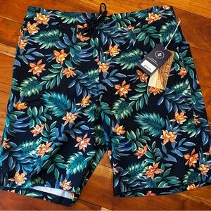 Fair Harbor Navy Board Shorts with Green & Orange Tropical Print